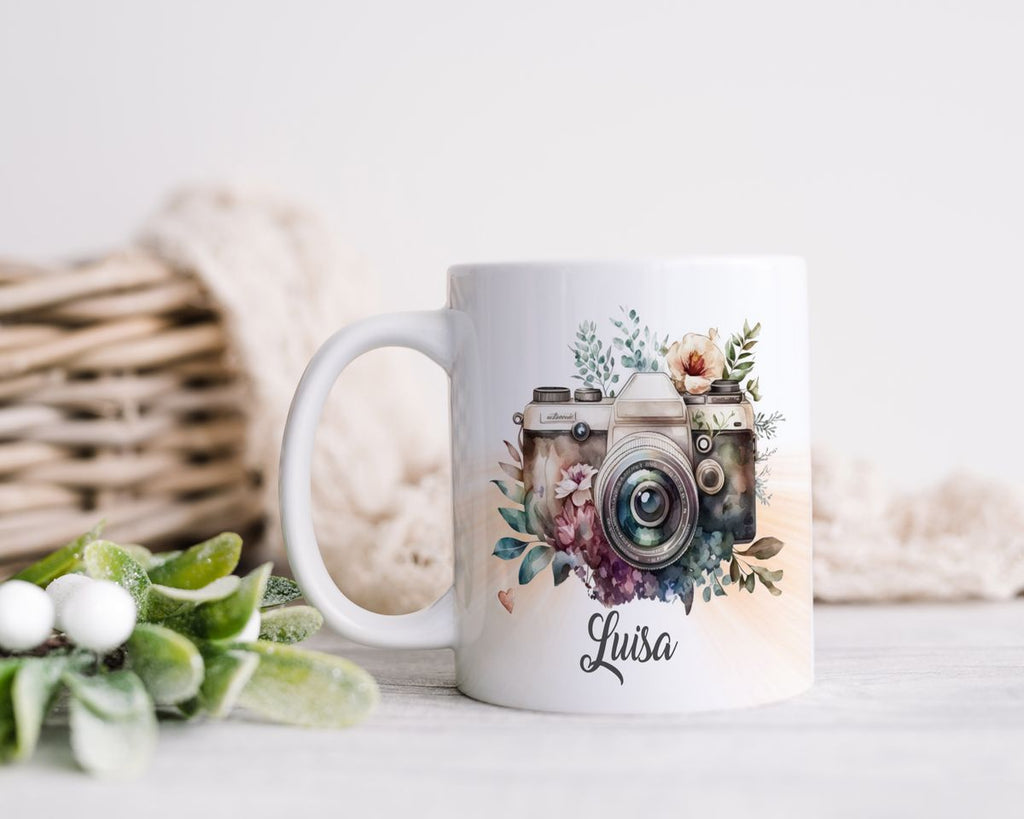 Keramik Tasse Kamera mit Blumen mit Wunschname - von Mikalino