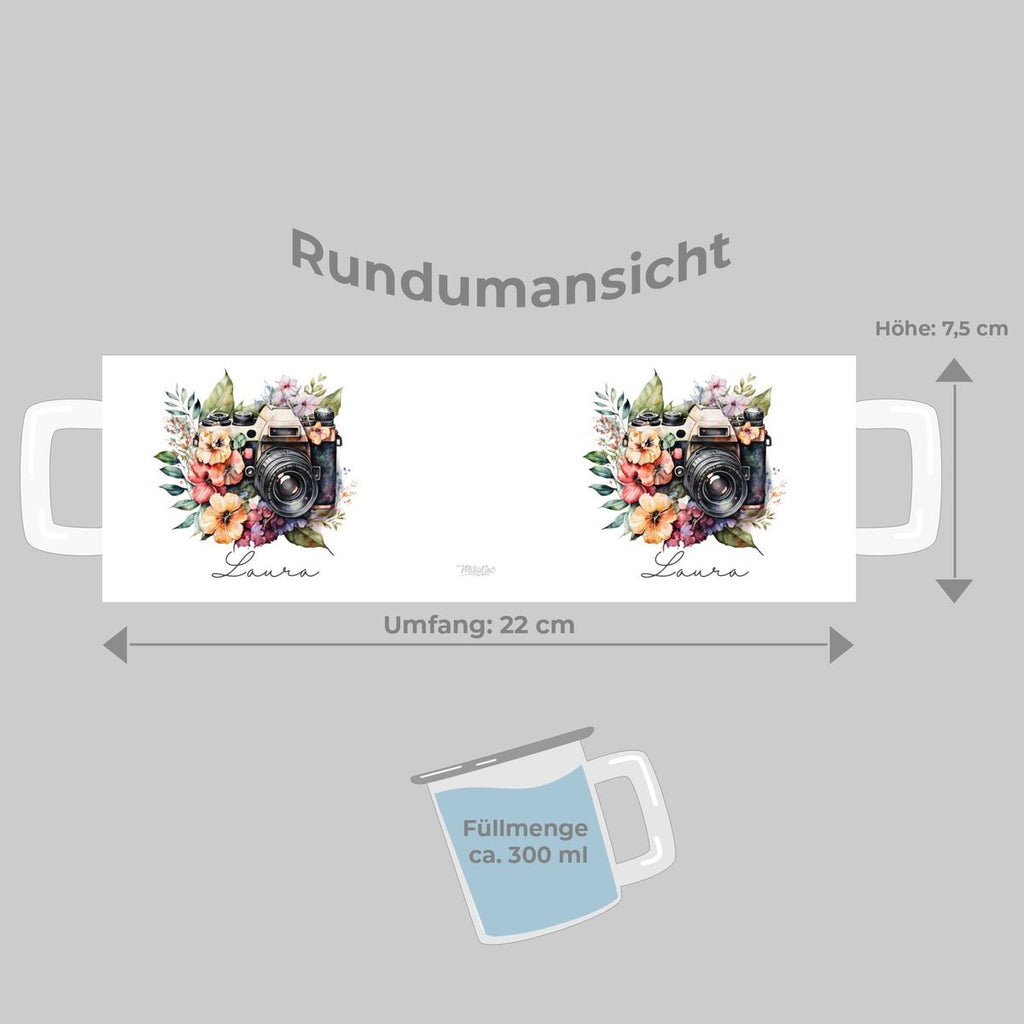 Emaille Tasse Kamera mit Blumen mit Wunschname - von Mikalino