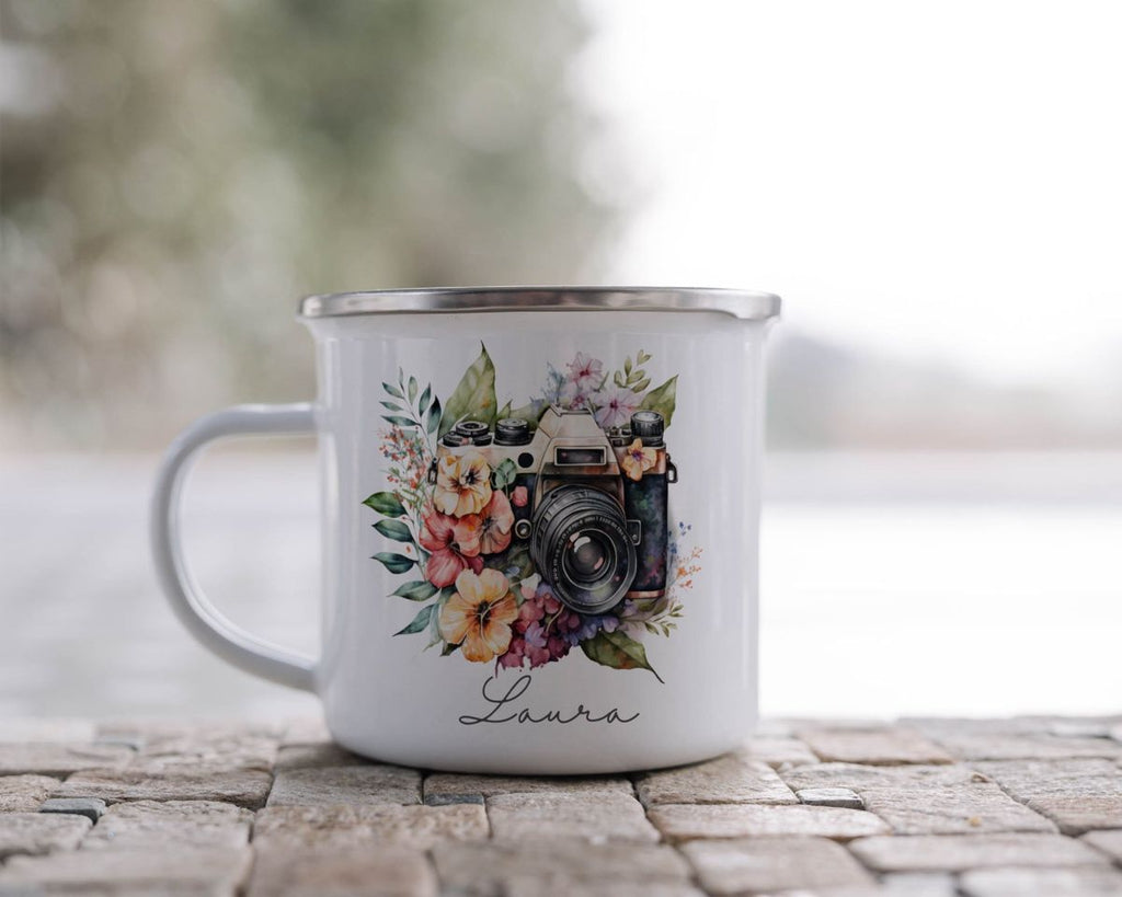 Emaille Tasse Kamera mit Blumen mit Wunschname - von Mikalino