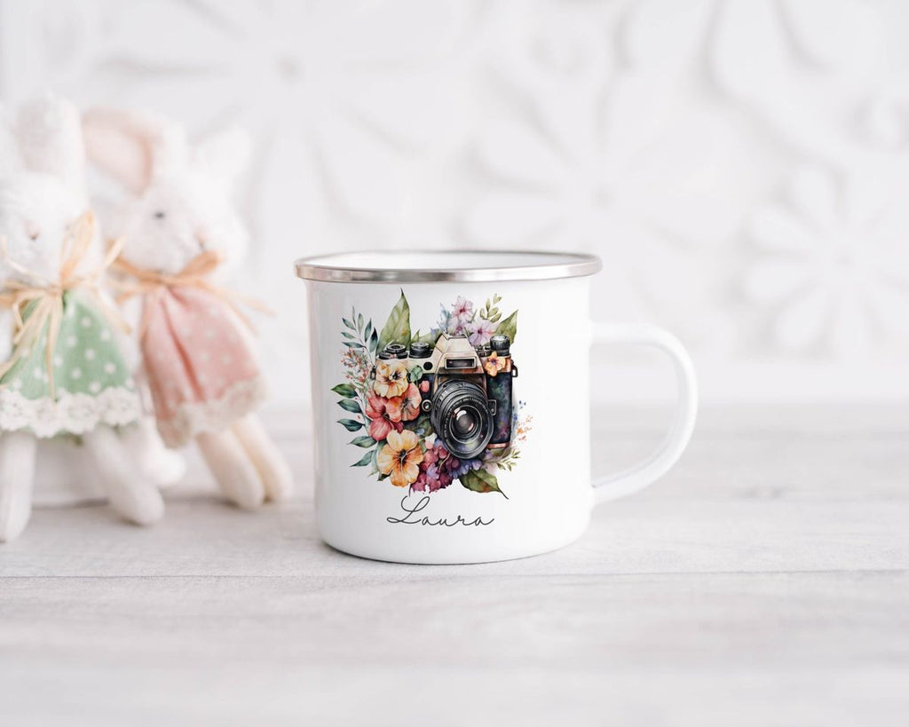 Emaille Tasse Kamera mit Blumen mit Wunschname - von Mikalino