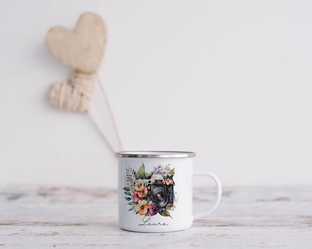 Emaille Tasse Kamera mit Blumen mit Wunschname - von Mikalino