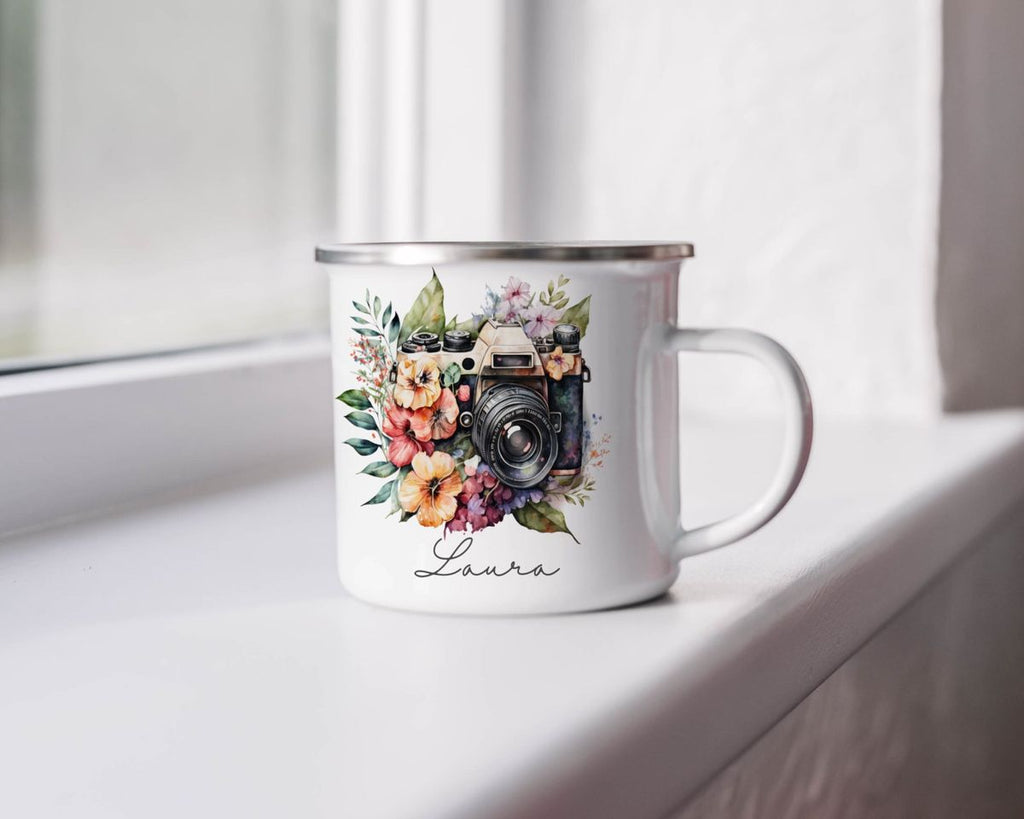 Emaille Tasse Kamera mit Blumen mit Wunschname - von Mikalino