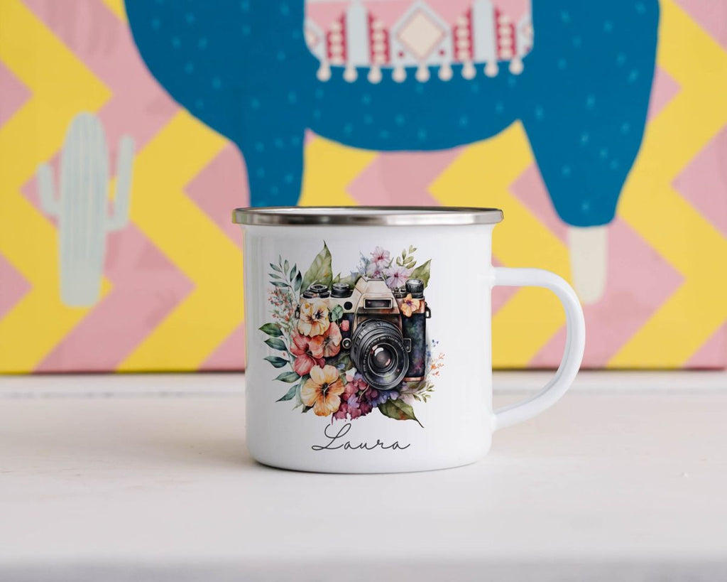 Emaille Tasse Kamera mit Blumen mit Wunschname - von Mikalino