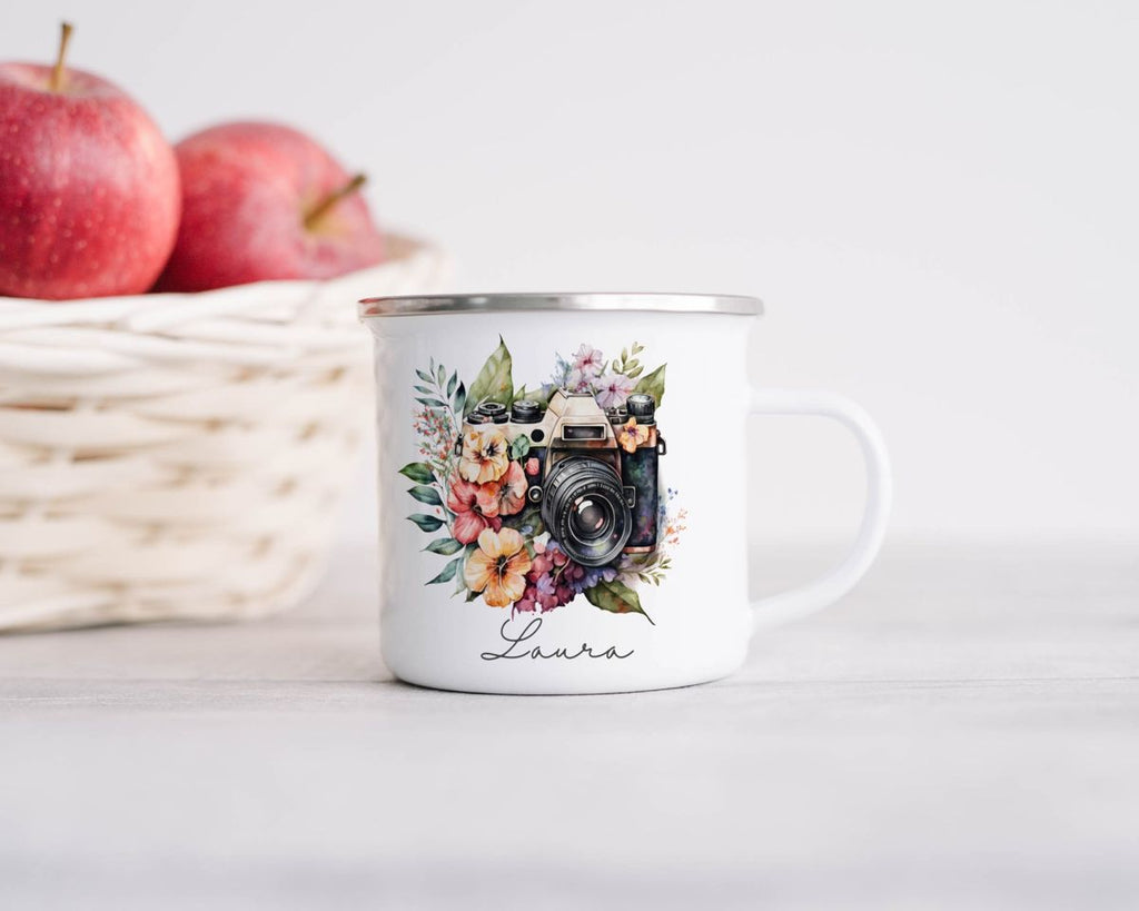 Emaille Tasse Kamera mit Blumen mit Wunschname - von Mikalino