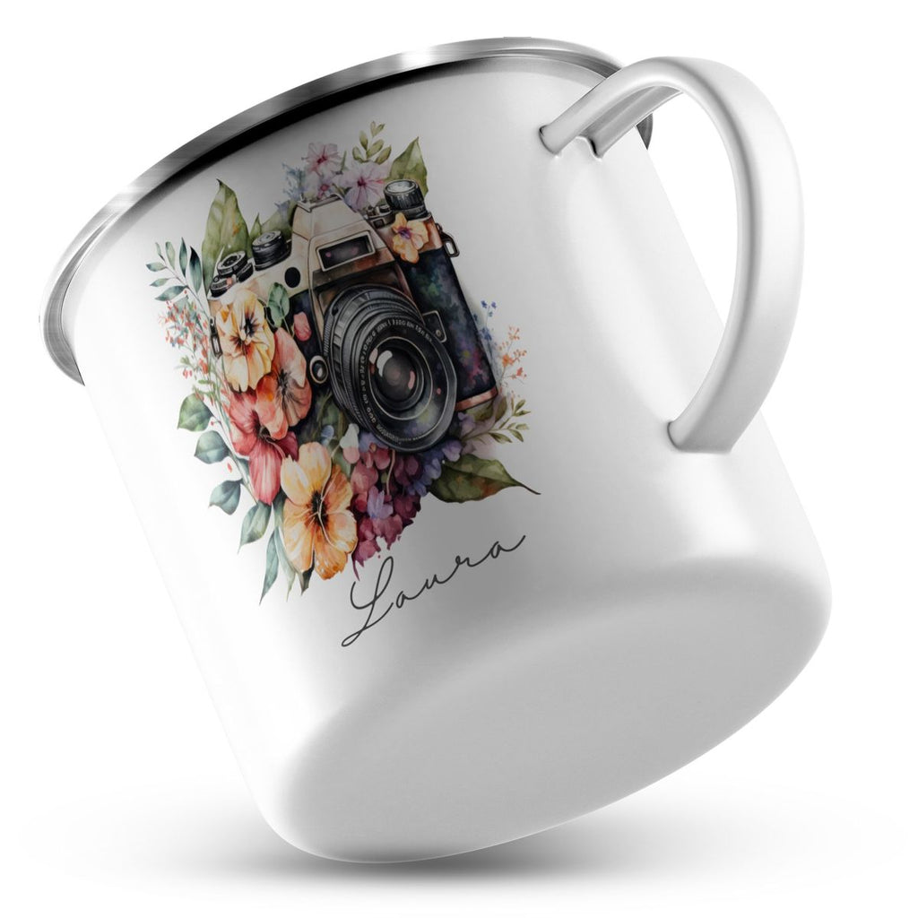 Emaille Tasse Kamera mit Blumen mit Wunschname - von Mikalino