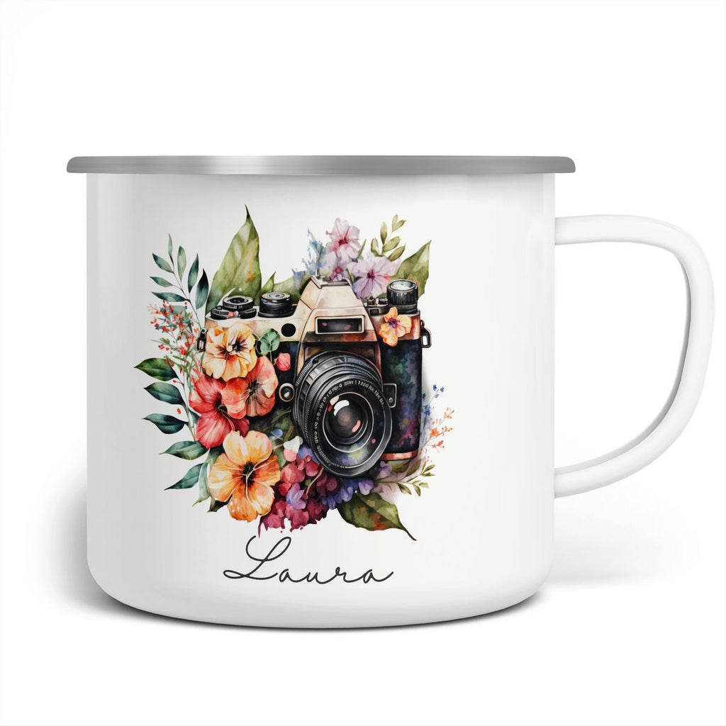 Emaille Tasse Kamera mit Blumen mit Wunschname - von Mikalino