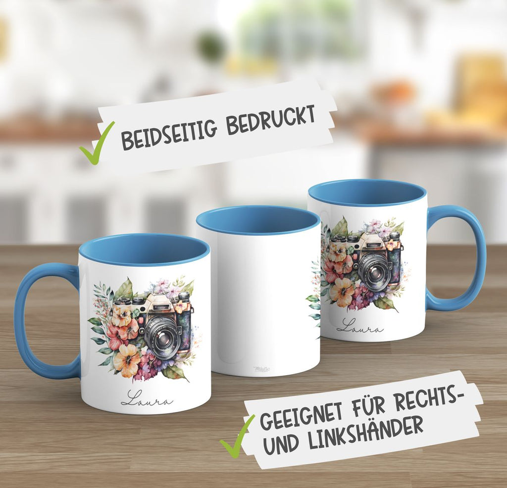 Keramik Tasse Kamera mit Blumen mit Wunschname - von Mikalino