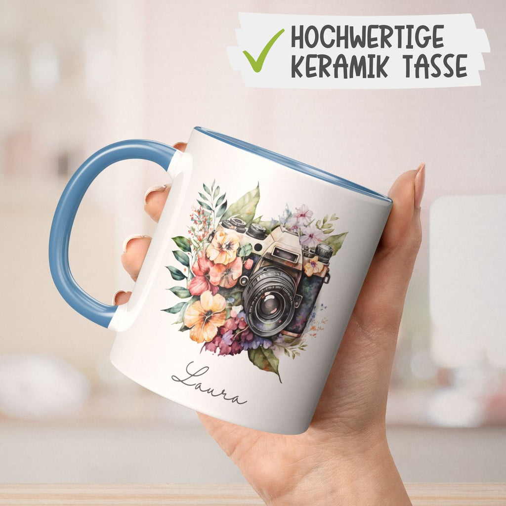 Keramik Tasse Kamera mit Blumen mit Wunschname - von Mikalino