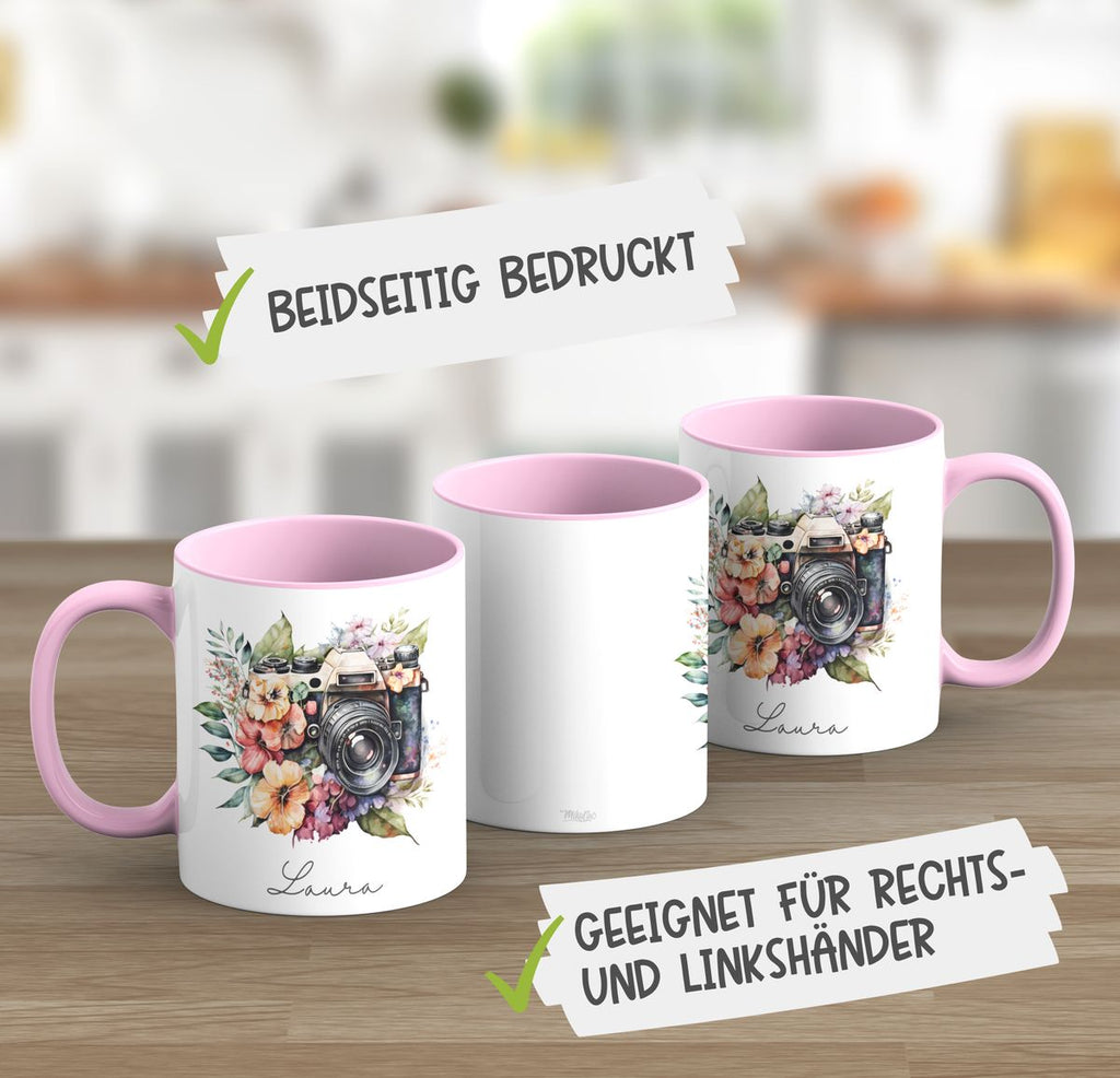 Keramik Tasse Kamera mit Blumen mit Wunschname - von Mikalino