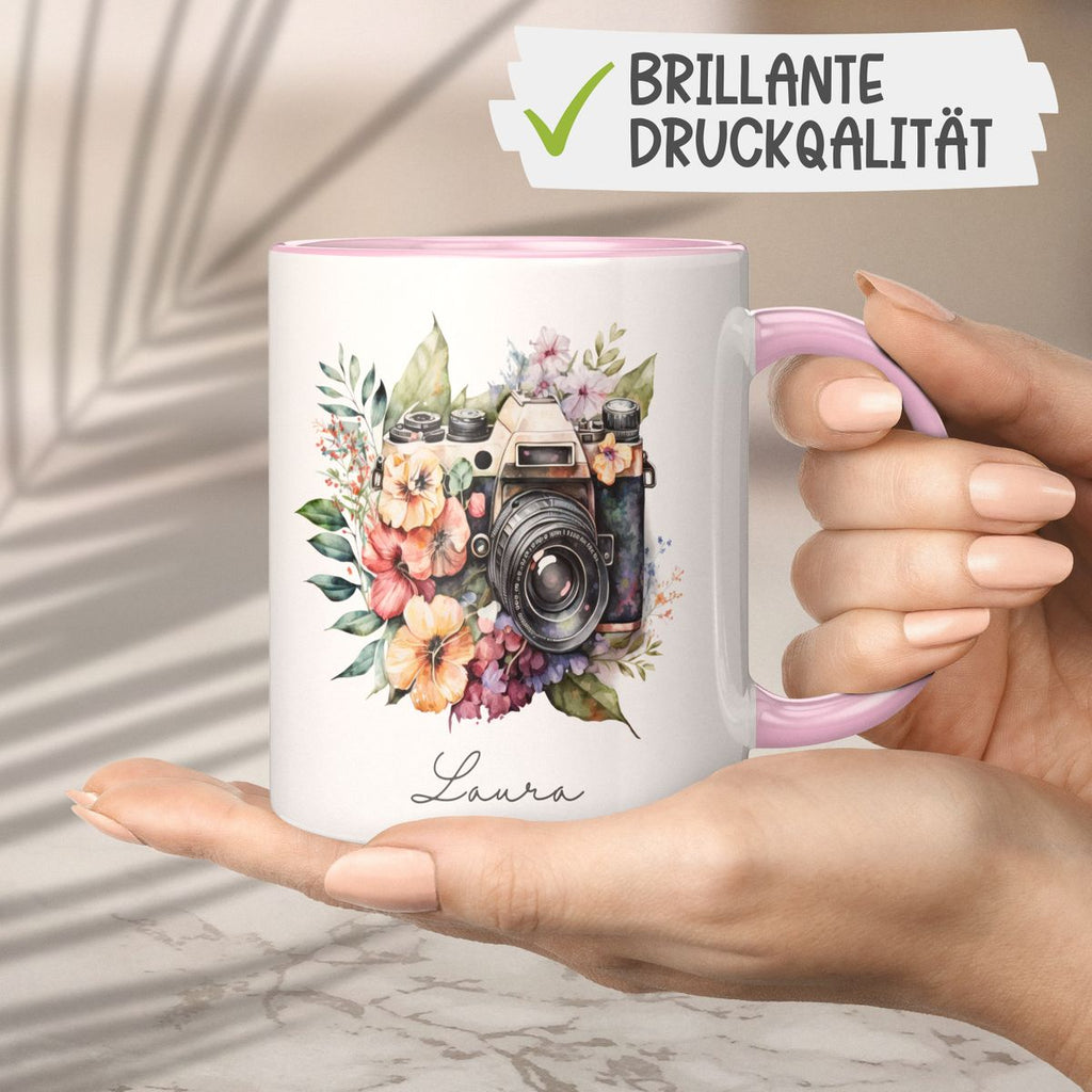 Keramik Tasse Kamera mit Blumen mit Wunschname - von Mikalino