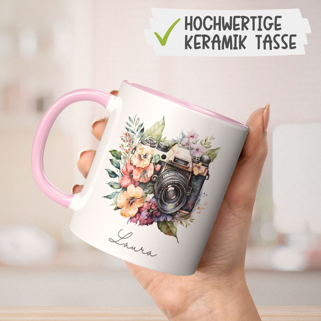 Keramik Tasse Kamera mit Blumen mit Wunschname - von Mikalino