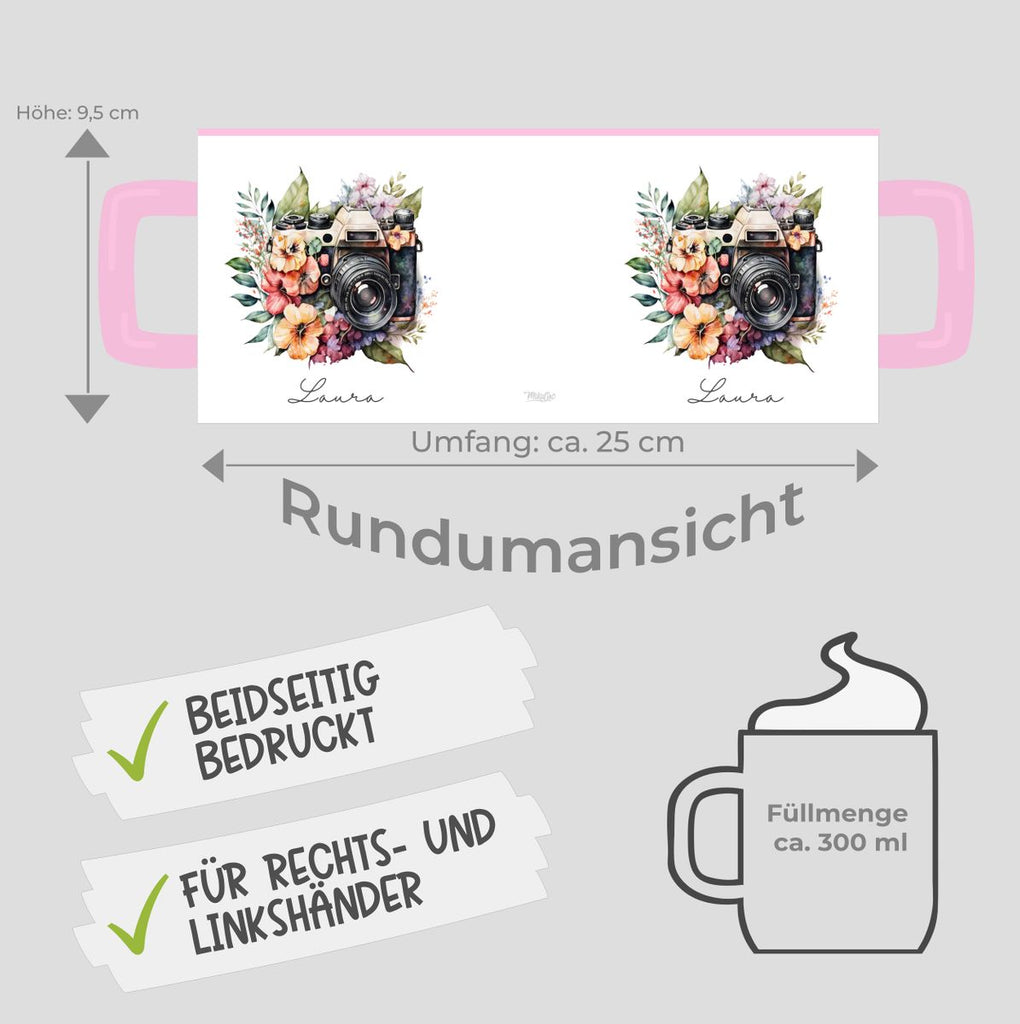 Keramik Tasse Kamera mit Blumen mit Wunschname - von Mikalino