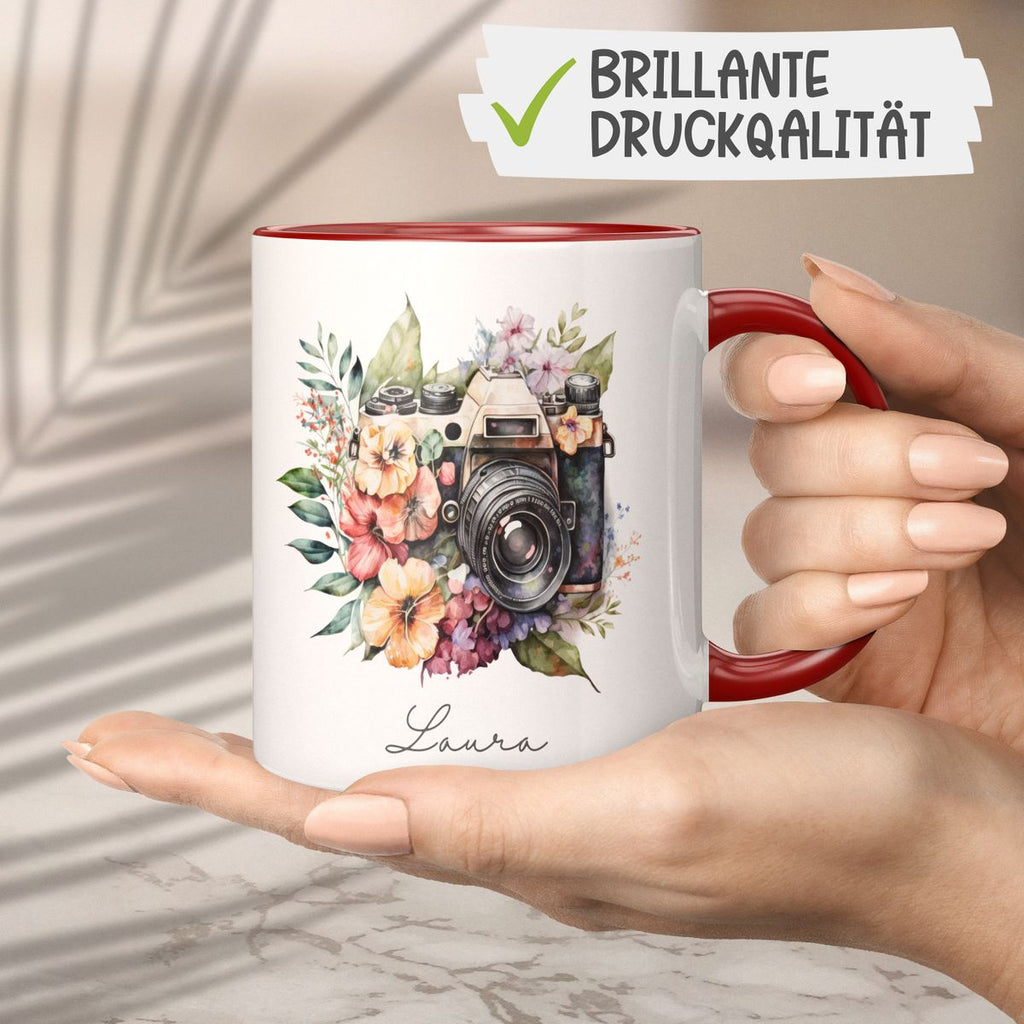 Keramik Tasse Kamera mit Blumen mit Wunschname - von Mikalino