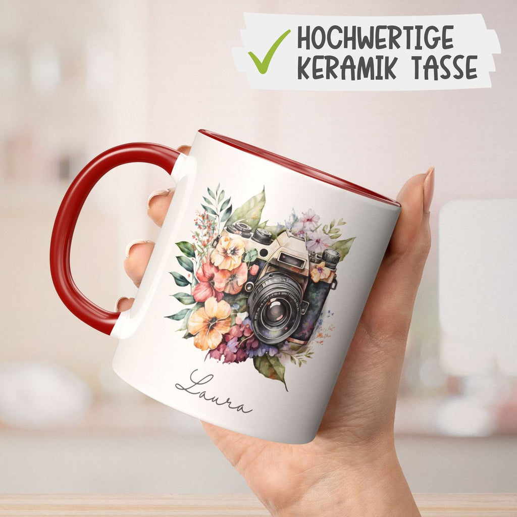 Keramik Tasse Kamera mit Blumen mit Wunschname - von Mikalino