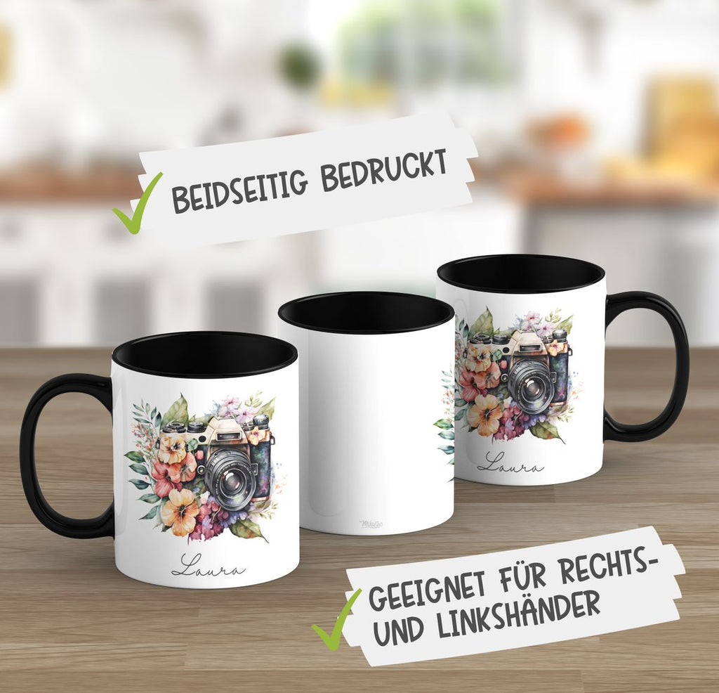 Keramik Tasse Kamera mit Blumen mit Wunschname - von Mikalino