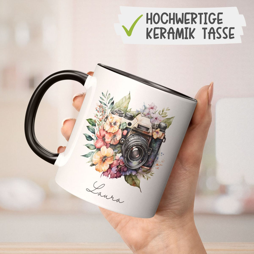 Keramik Tasse Kamera mit Blumen mit Wunschname - von Mikalino