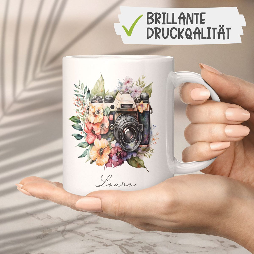 Keramik Tasse Kamera mit Blumen mit Wunschname - von Mikalino