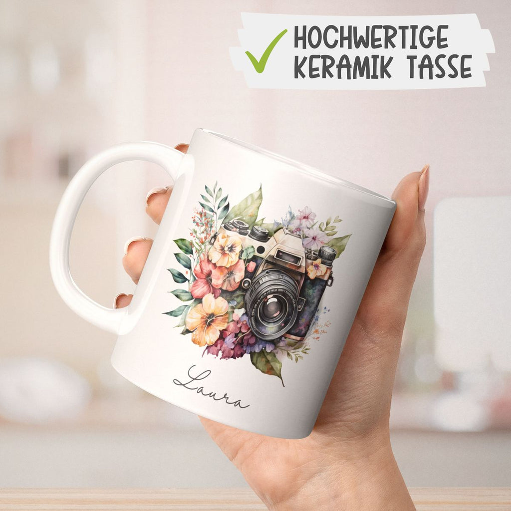 Keramik Tasse Kamera mit Blumen mit Wunschname - von Mikalino