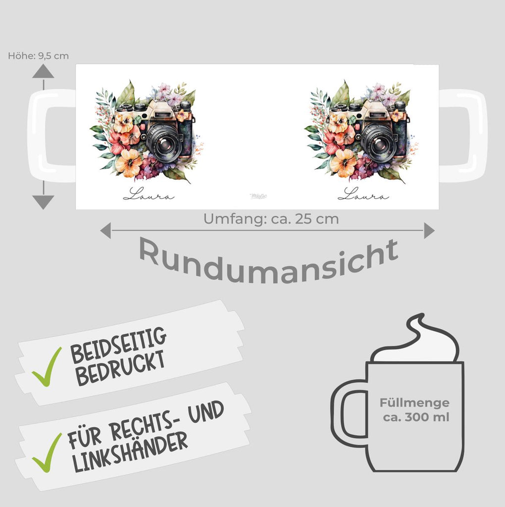 Keramik Tasse Kamera mit Blumen mit Wunschname - von Mikalino