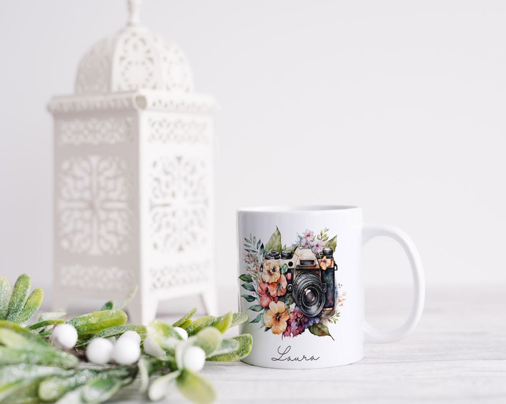 Keramik Tasse Kamera mit Blumen mit Wunschname - von Mikalino