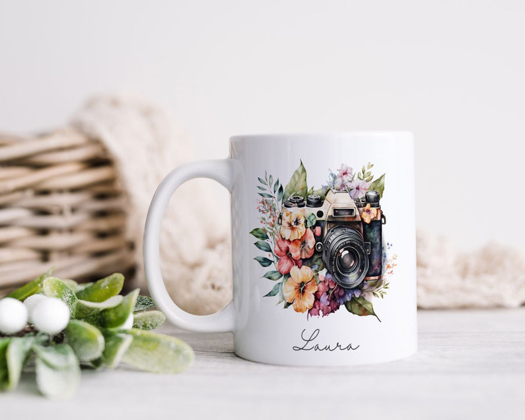 Keramik Tasse Kamera mit Blumen mit Wunschname - von Mikalino