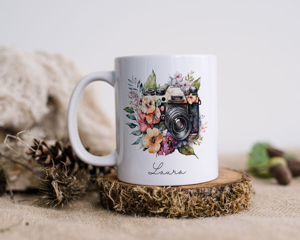 Keramik Tasse Kamera mit Blumen mit Wunschname - von Mikalino