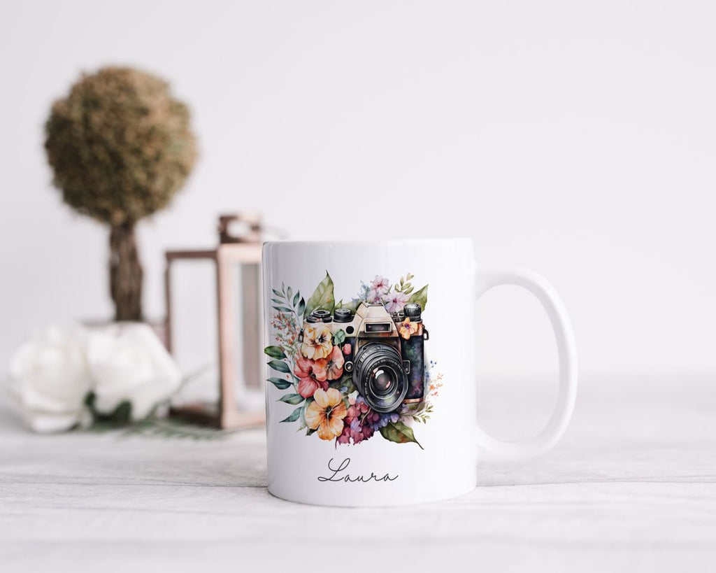 Keramik Tasse Kamera mit Blumen mit Wunschname - von Mikalino