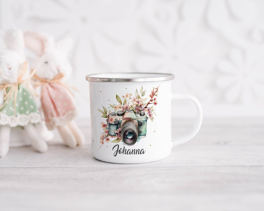 Emaille Tasse Kamera mit Blumen mit Wunschname - von Mikalino