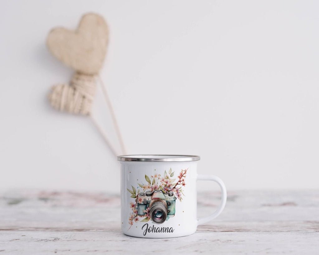 Emaille Tasse Kamera mit Blumen mit Wunschname - von Mikalino