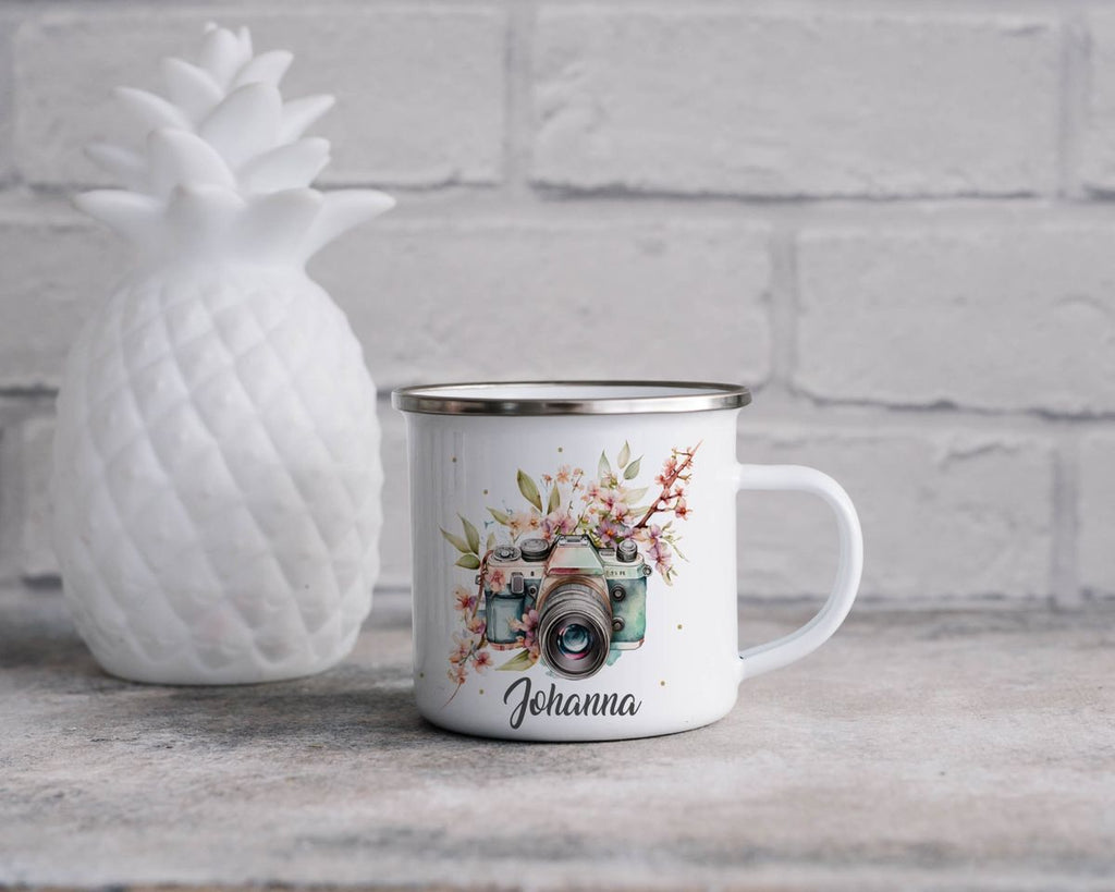 Emaille Tasse Kamera mit Blumen mit Wunschname - von Mikalino