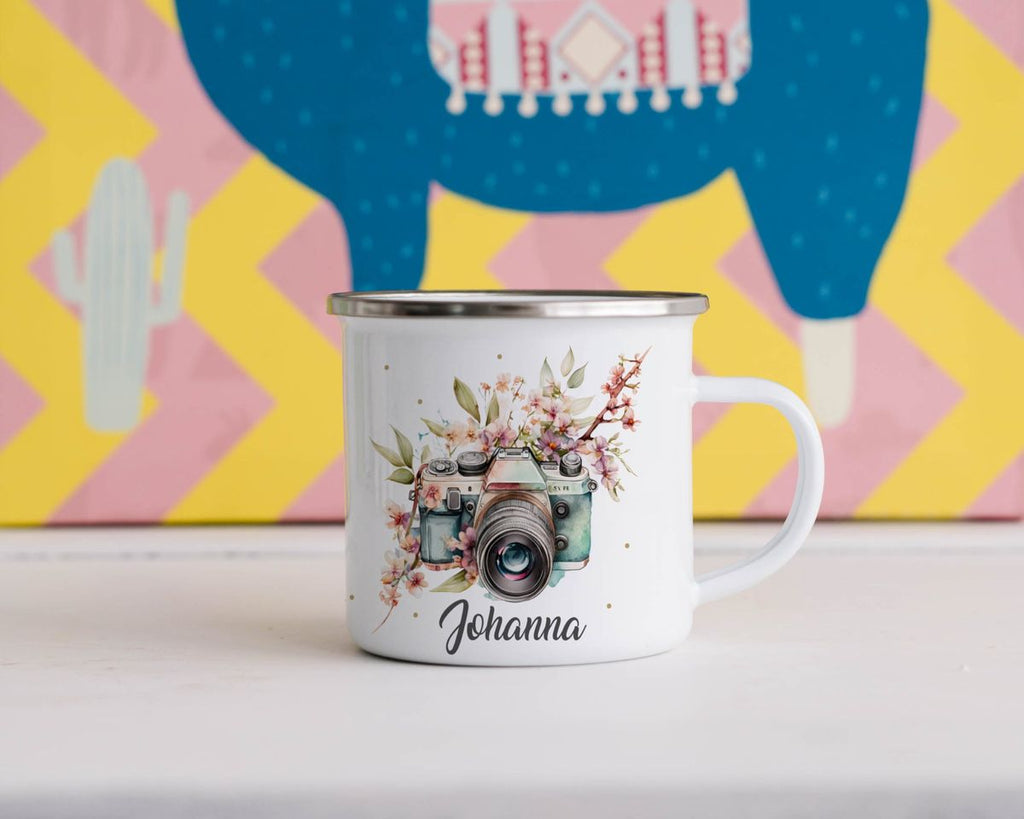 Emaille Tasse Kamera mit Blumen mit Wunschname - von Mikalino