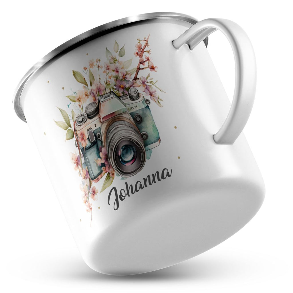 Emaille Tasse Kamera mit Blumen mit Wunschname - von Mikalino