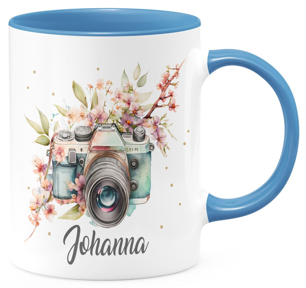 Keramik Tasse Kamera mit Blumen mit Wunschname - von Mikalino