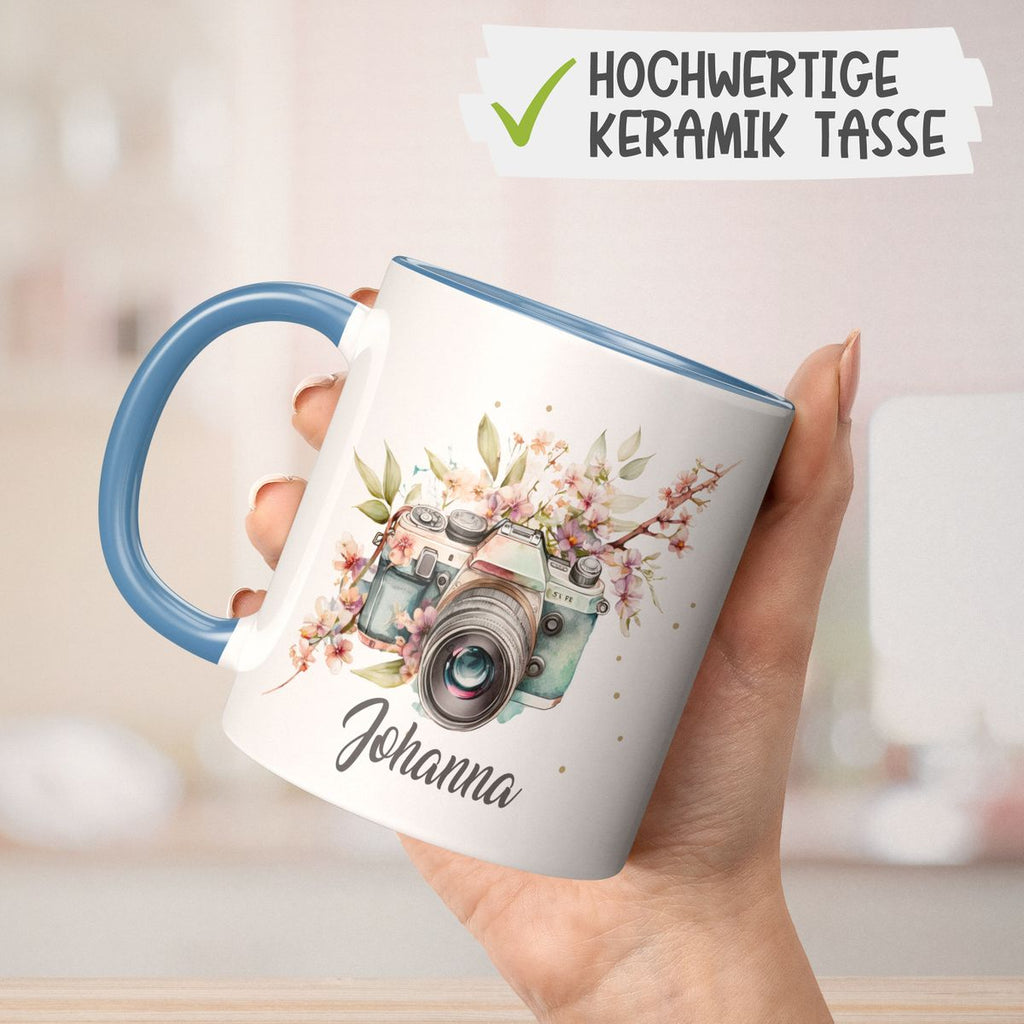 Keramik Tasse Kamera mit Blumen mit Wunschname - von Mikalino