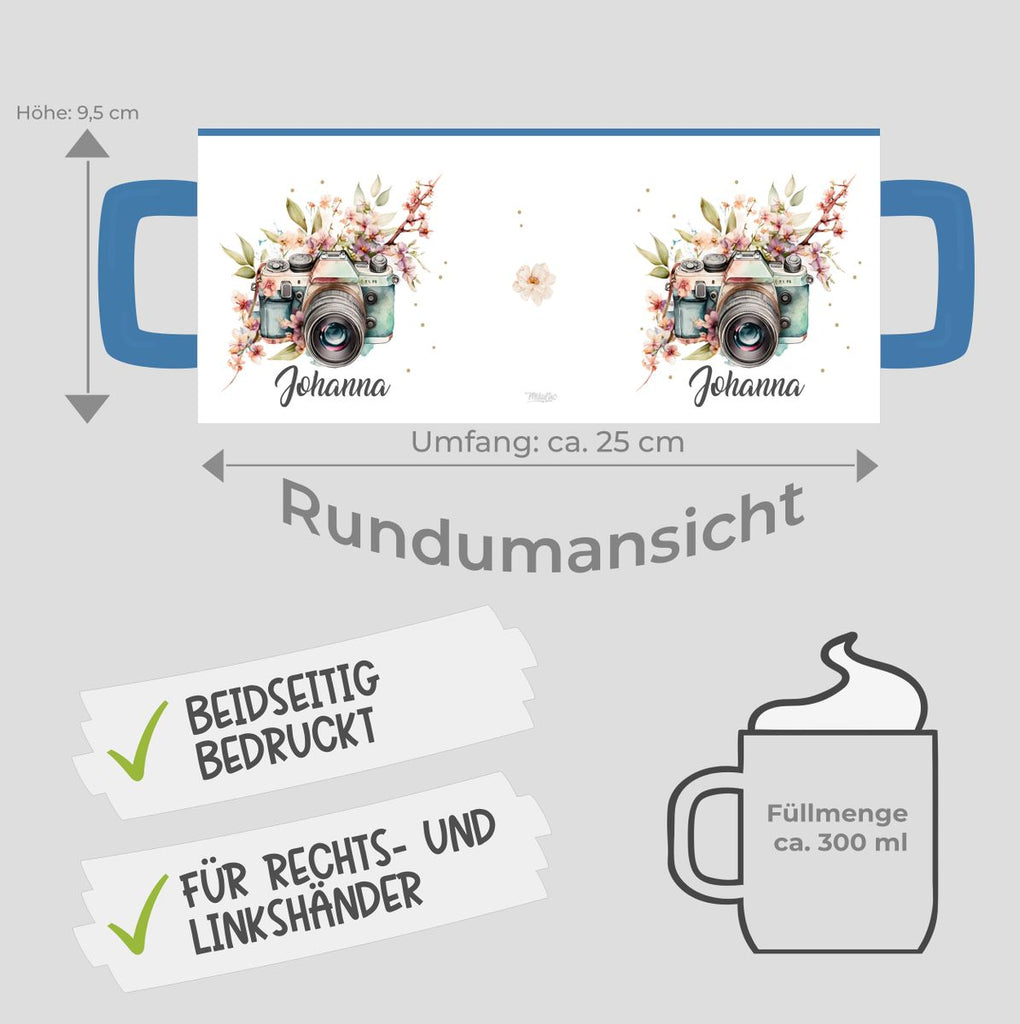 Keramik Tasse Kamera mit Blumen mit Wunschname - von Mikalino