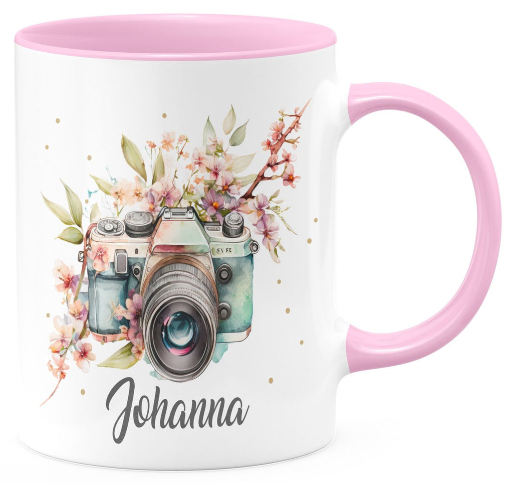 Keramik Tasse Kamera mit Blumen mit Wunschname - von Mikalino