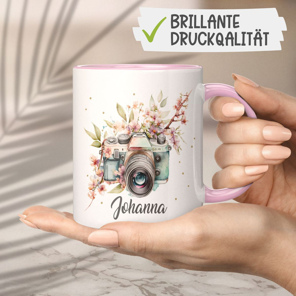 Keramik Tasse Kamera mit Blumen mit Wunschname - von Mikalino