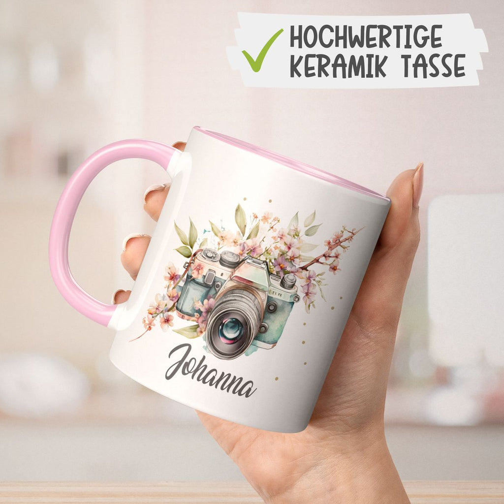 Keramik Tasse Kamera mit Blumen mit Wunschname - von Mikalino