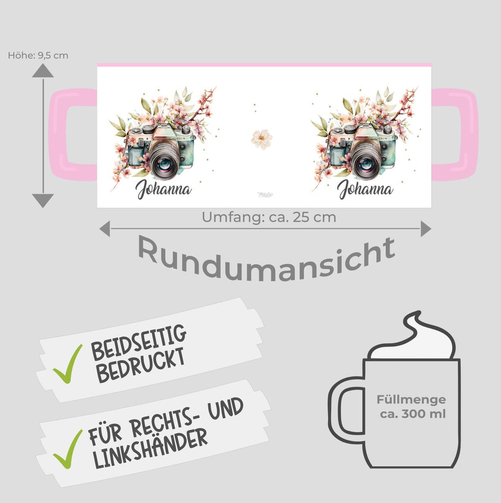 Keramik Tasse Kamera mit Blumen mit Wunschname - von Mikalino