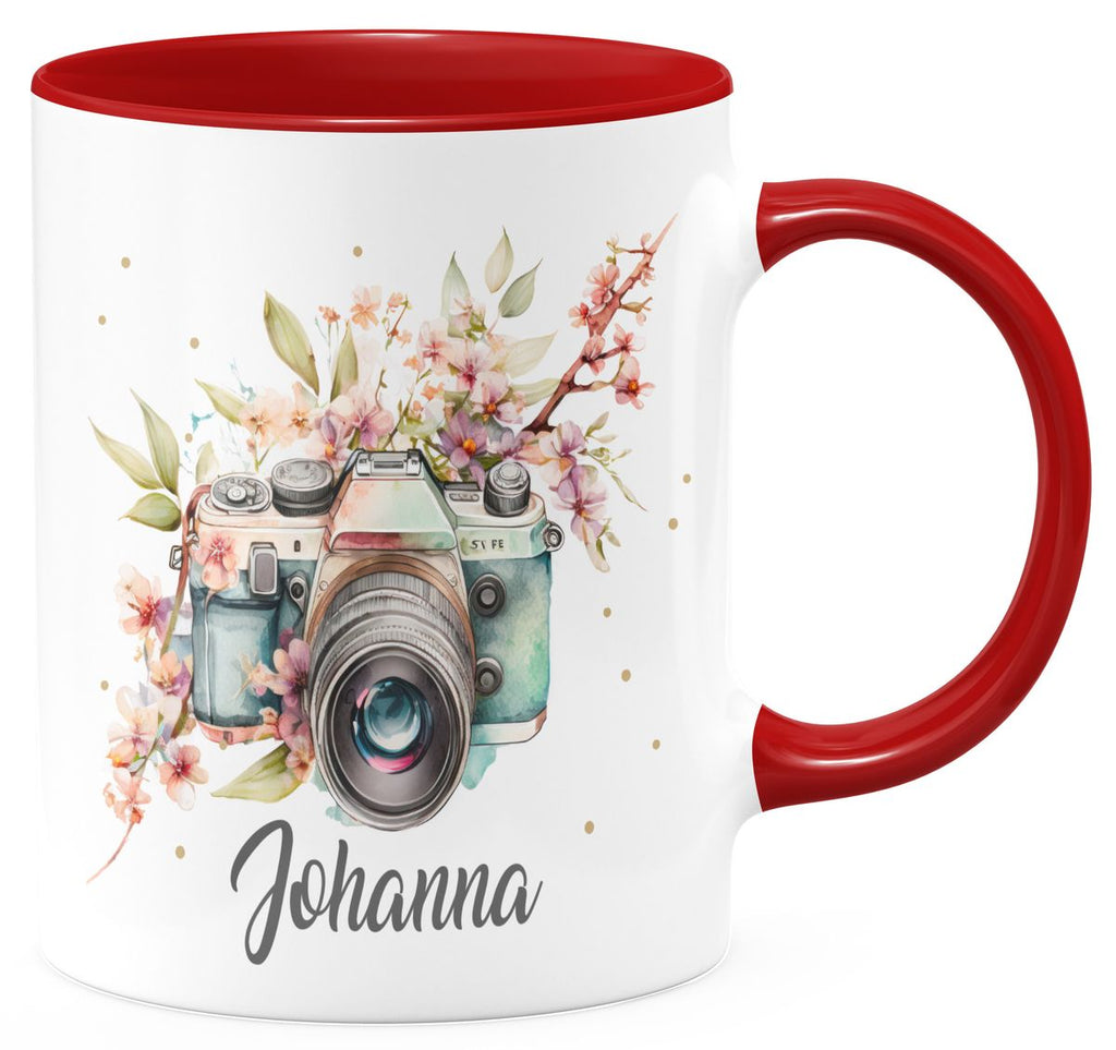 Keramik Tasse Kamera mit Blumen mit Wunschname - von Mikalino