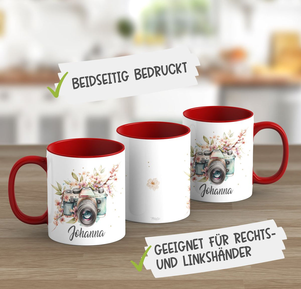 Keramik Tasse Kamera mit Blumen mit Wunschname - von Mikalino