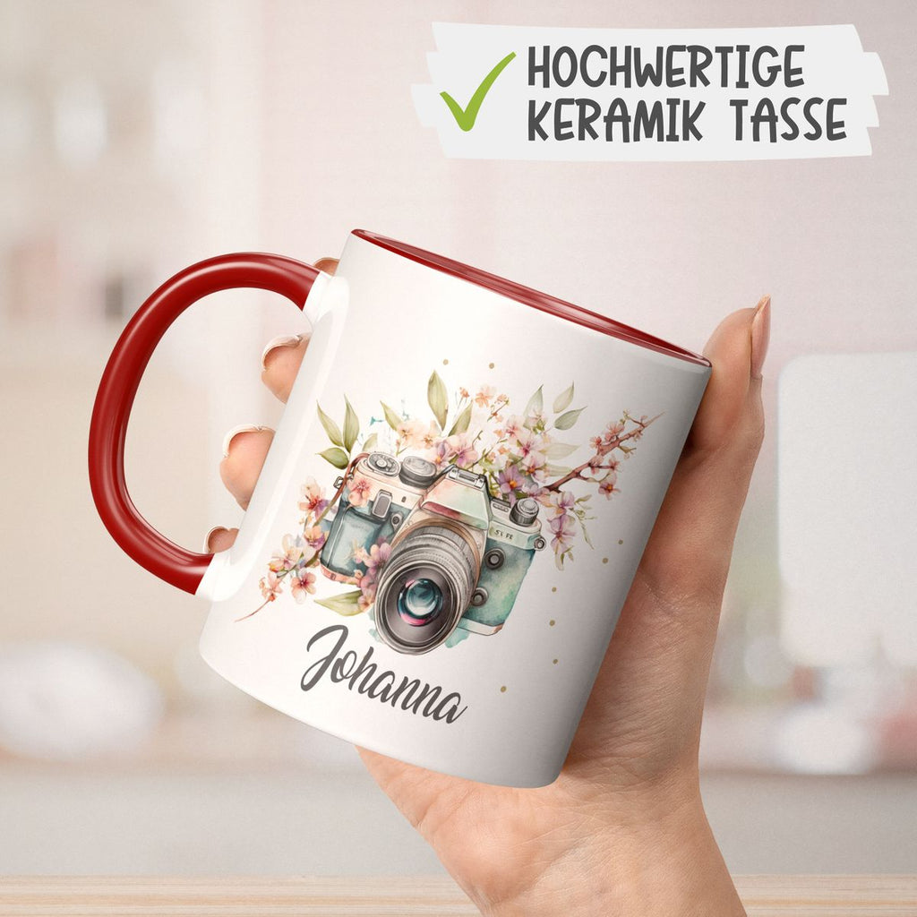 Keramik Tasse Kamera mit Blumen mit Wunschname - von Mikalino