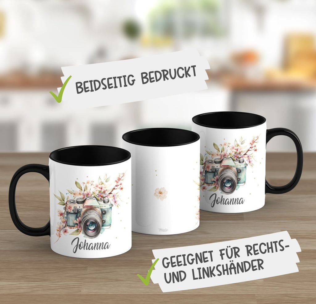 Keramik Tasse Kamera mit Blumen mit Wunschname - von Mikalino