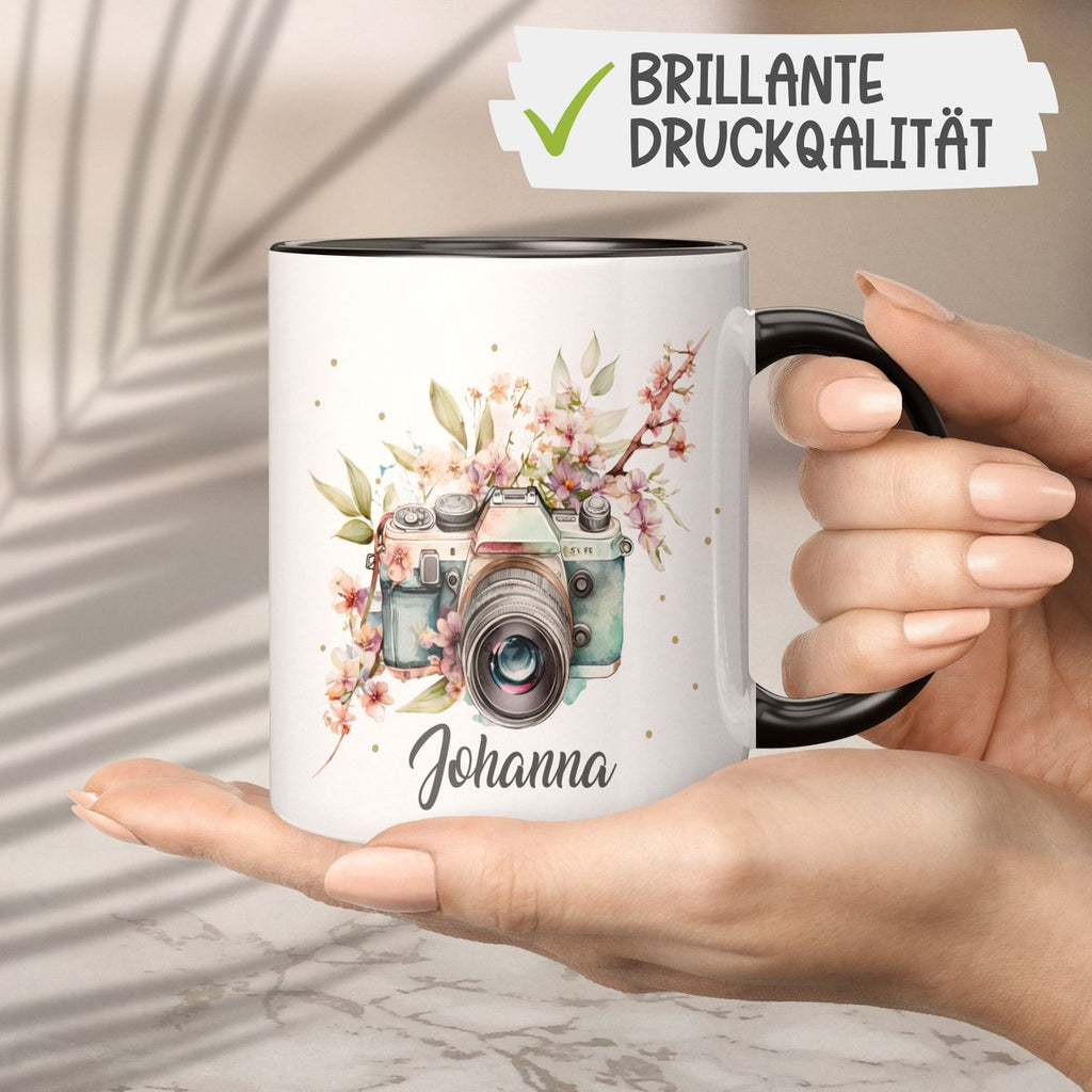 Keramik Tasse Kamera mit Blumen mit Wunschname - von Mikalino