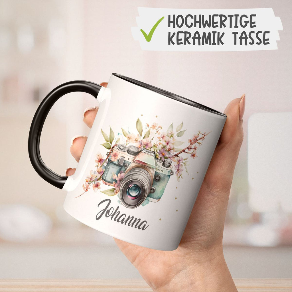 Keramik Tasse Kamera mit Blumen mit Wunschname - von Mikalino