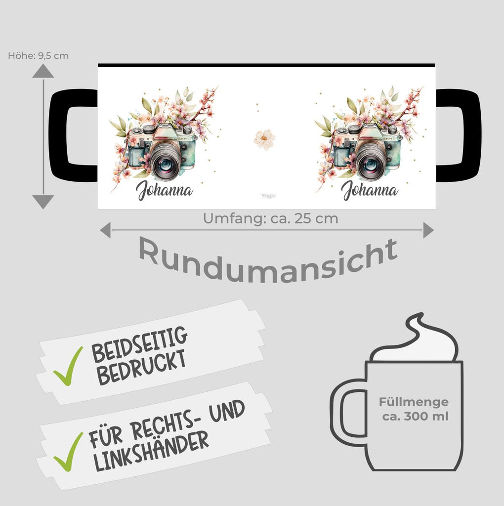 Keramik Tasse Kamera mit Blumen mit Wunschname - von Mikalino