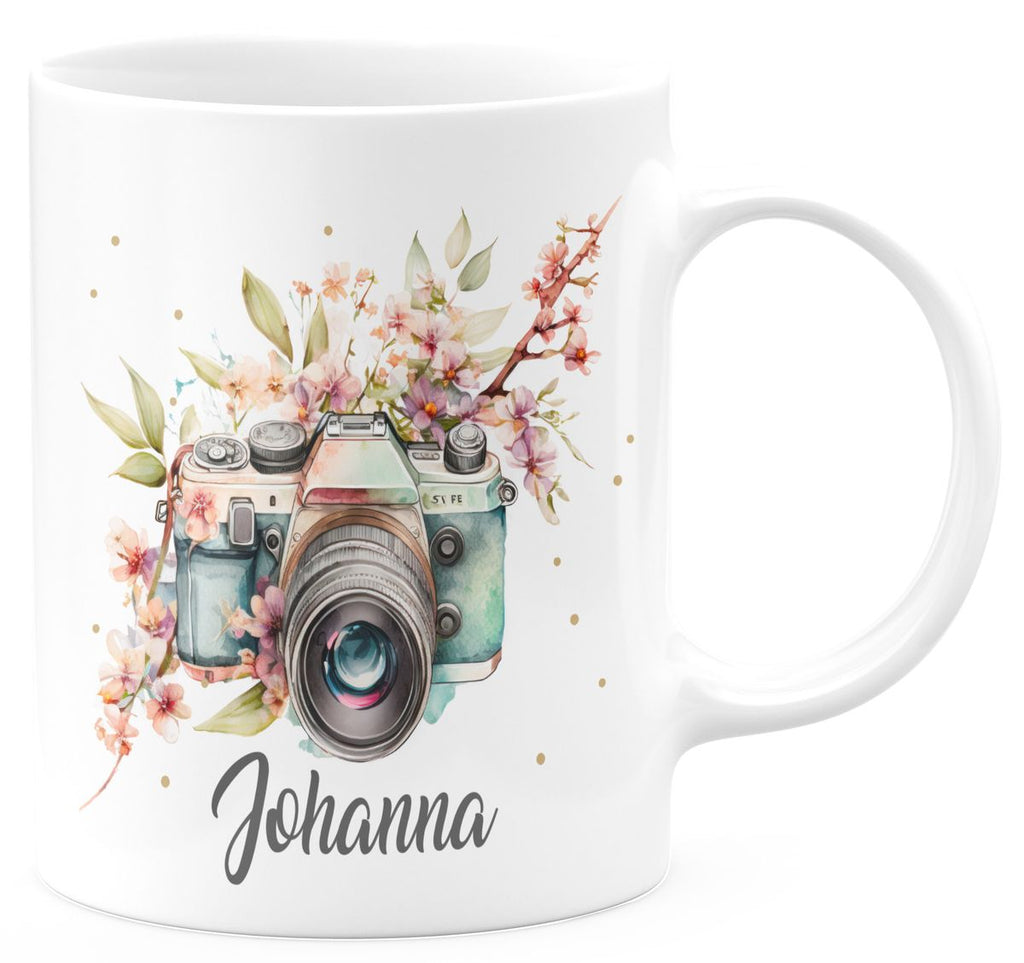 Keramik Tasse Kamera mit Blumen mit Wunschname - von Mikalino