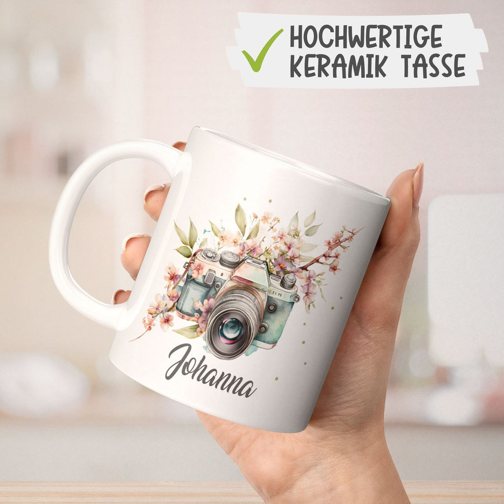 Keramik Tasse Kamera mit Blumen mit Wunschname - von Mikalino