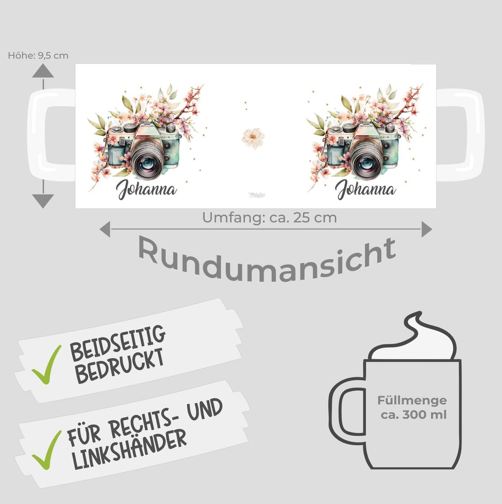 Keramik Tasse Kamera mit Blumen mit Wunschname - von Mikalino