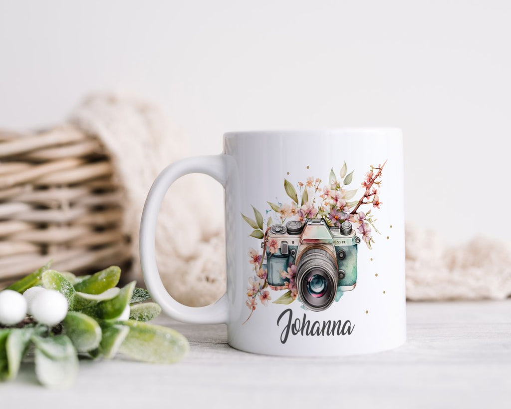 Keramik Tasse Kamera mit Blumen mit Wunschname - von Mikalino